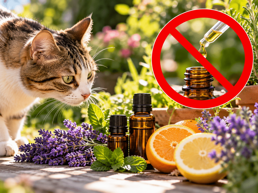 Chat curieux et huiles essentielles sous avertissement
