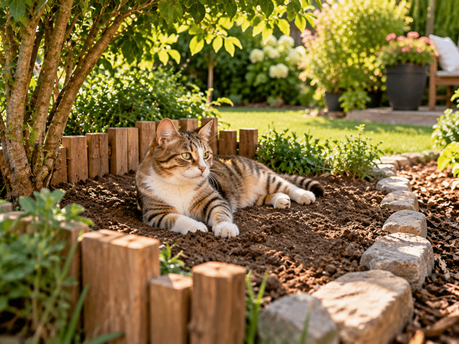 Chat détendu dans un jardin fleuri