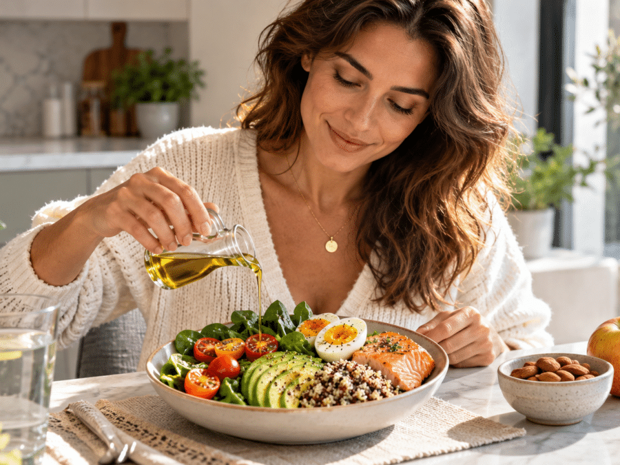 Femme savourant un bol santé à l’huile d’olive