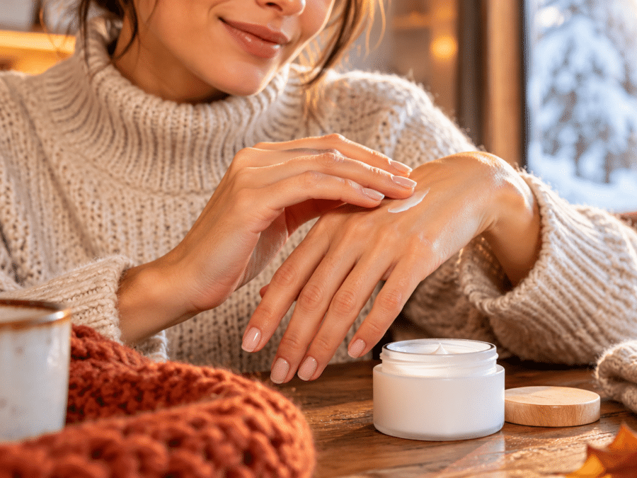 Soin des mains dans une ambiance hivernale