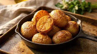Pommes de terre dorées et croustillantes servies dans une poêle en fonte sur une plaque de cuisson.