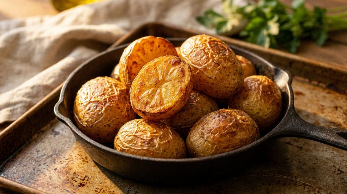 Pommes de terre dorées et croustillantes servies dans une poêle en fonte sur une plaque de cuisson.