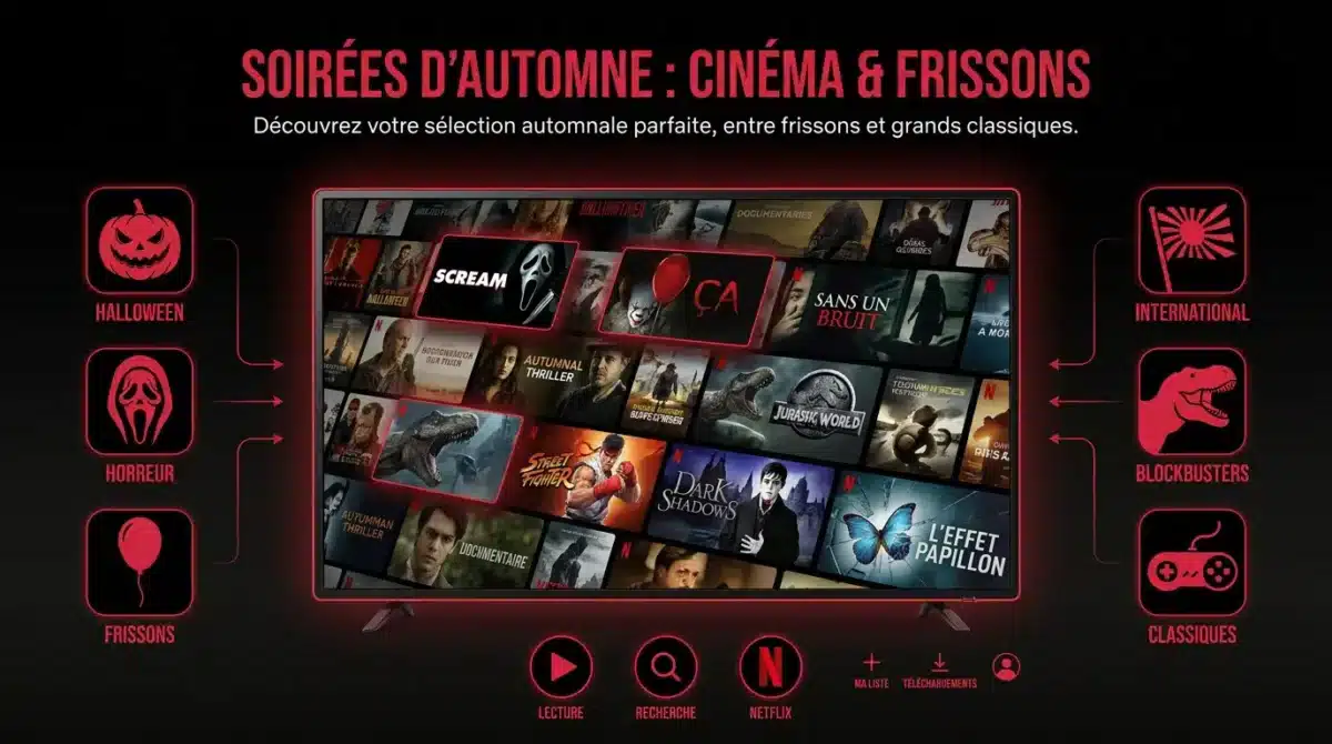 Soirée cinéma cocooning avec pop-corn et ambiance automnale devant Netflix